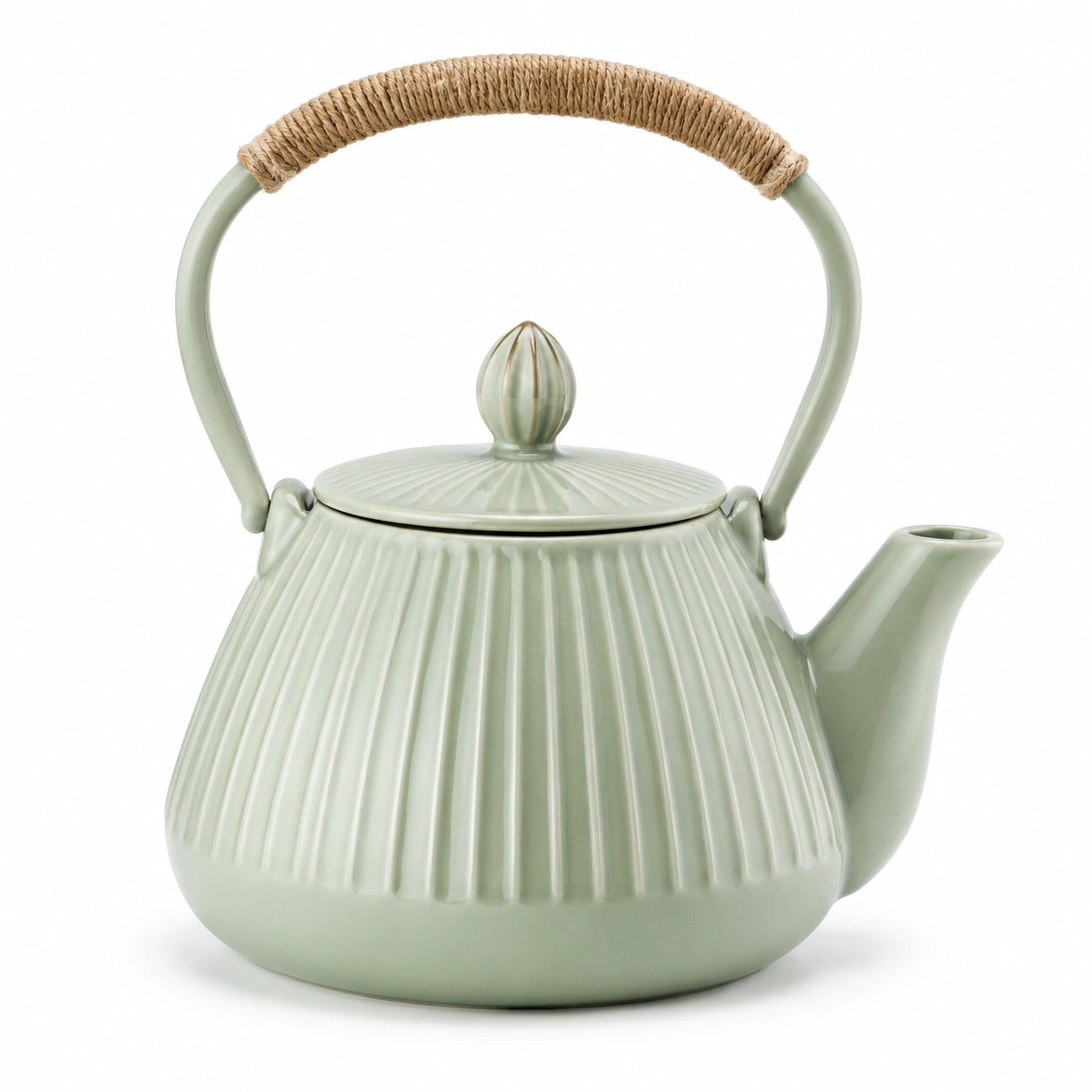 Teiera in ceramica 1000 ml verde salvia con manico in corda stile rustico