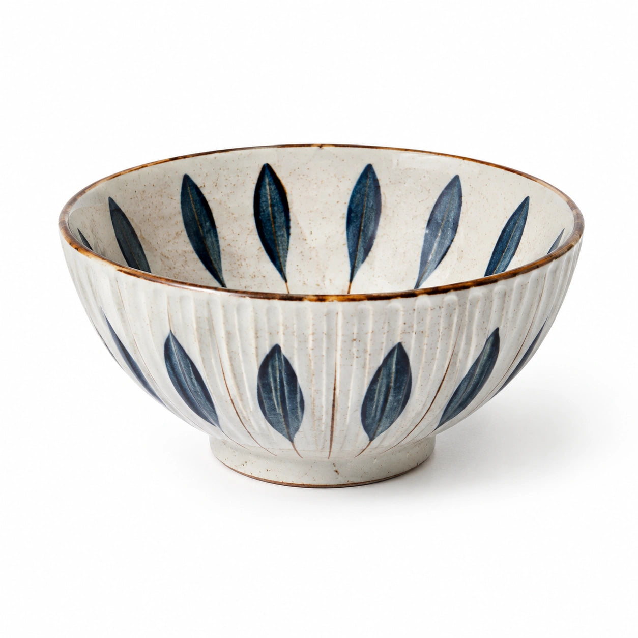 Ciotola in ceramica 18 cm bianco/blu con foglie stile rustico