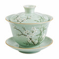 Tazza Gaiwan in porcellana 150 ml verde con coperchio e piattino floreale
