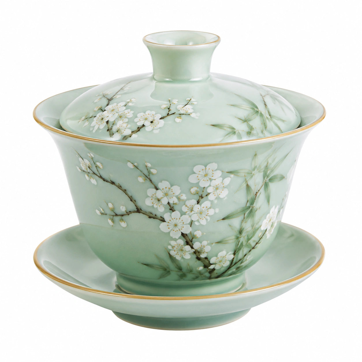 Tazza Gaiwan in porcellana 150 ml verde con coperchio e piattino floreale