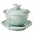 Tazza Gaiwan in ceramica verde celadon 150 ml con coperchio e piattino decorata