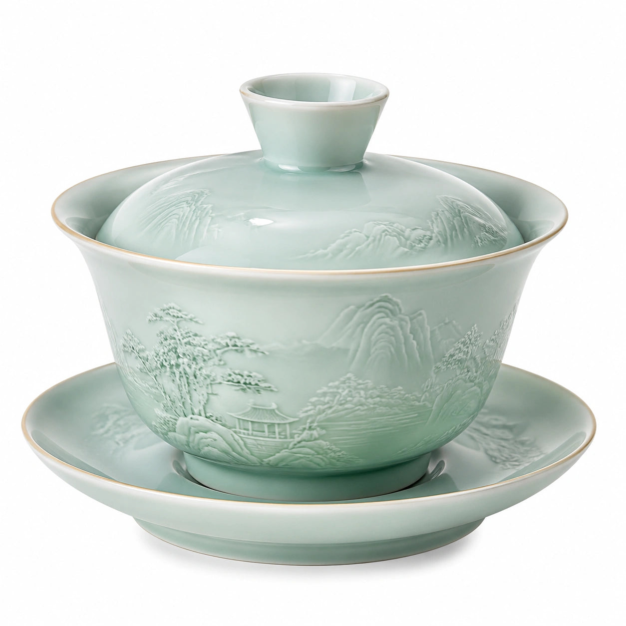 Tazza Gaiwan in ceramica verde celadon 150 ml con coperchio e piattino decorata