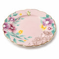Piatto piano 25 cm in porcellana rosa con decoro floreale - bordo ondulato
