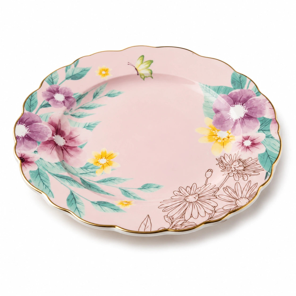 Piatto piano 25 cm in porcellana rosa con decoro floreale - bordo ondulato