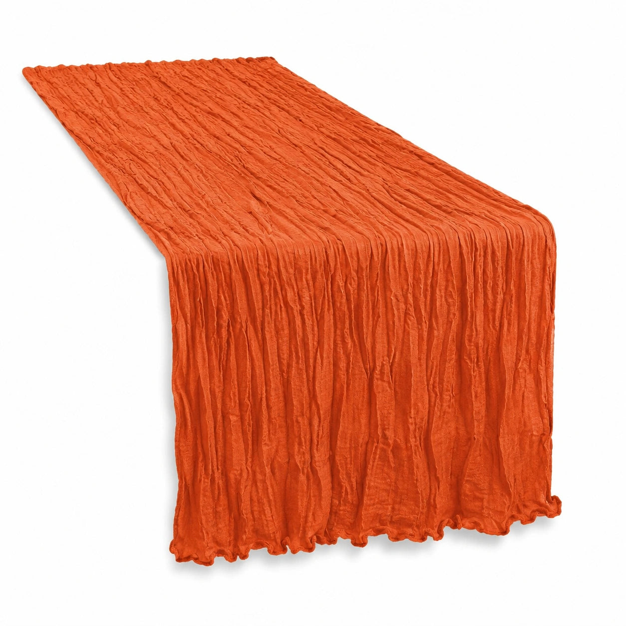 Runner da tavola 180 x 40 cm in tessuto arancione stropicciato con bordi ondulati decorativo