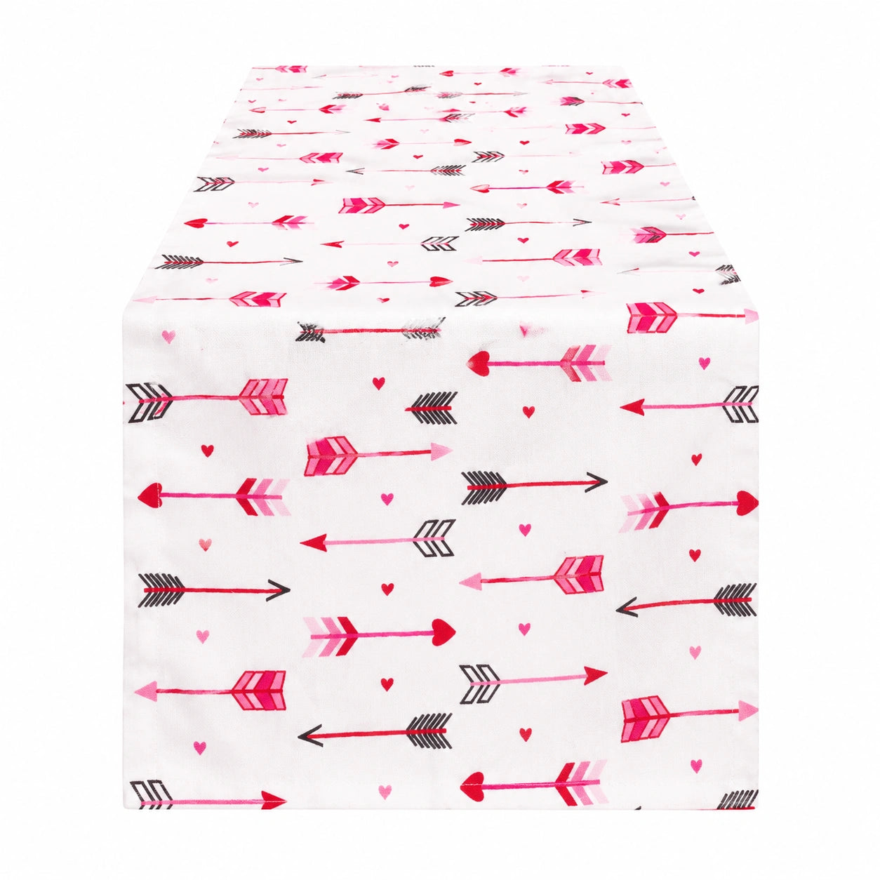 Runner da tavola 180 x 35 cm in poliestere bianco e rosa con frecce e cuori stile romantico