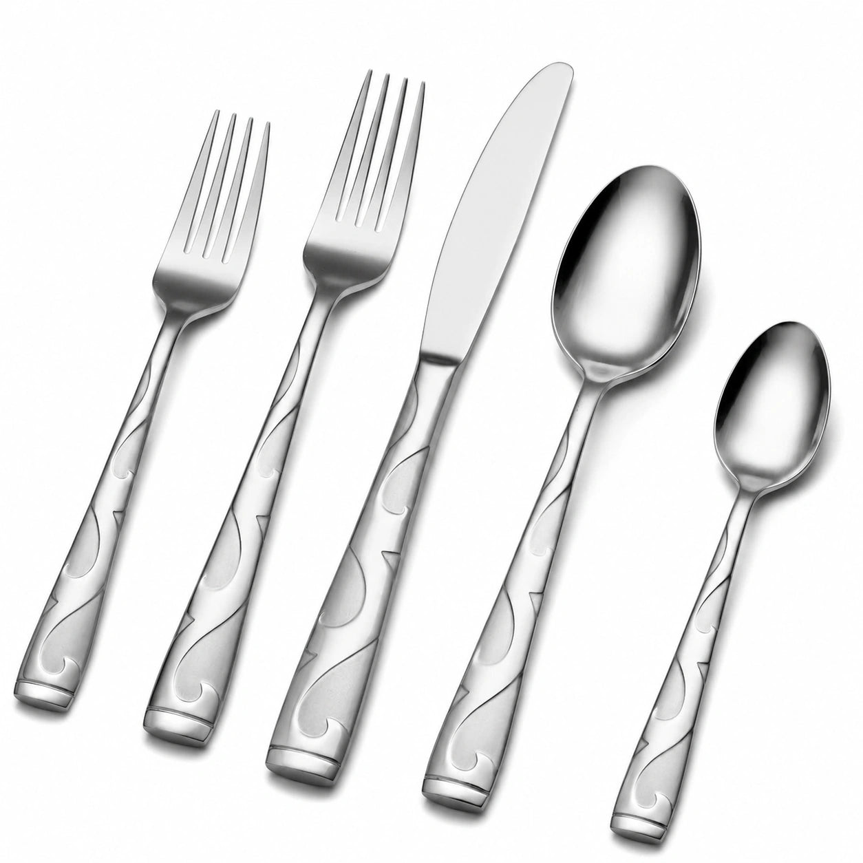 Set posate 5 pezzi 18-22 cm in acciaio inox argento con manici decorati