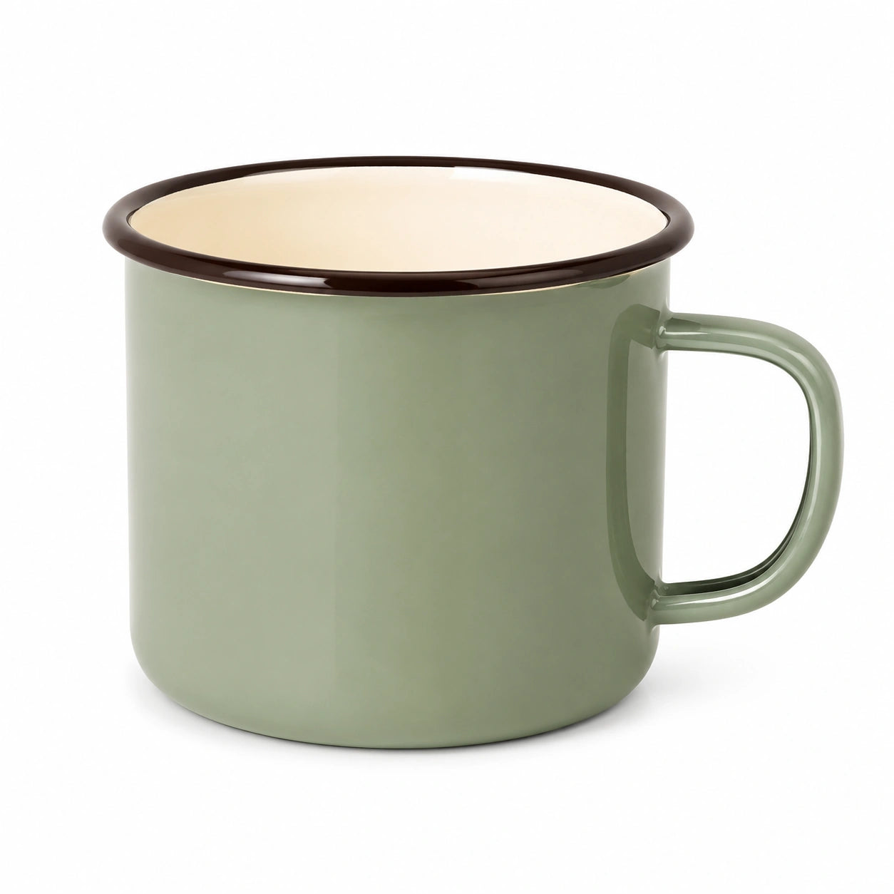 Tazza smaltata 350 ml in acciaio verde salvia con bordo marrone per bevande calde stile vintage